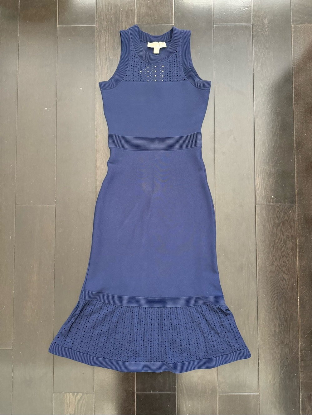 Michael Kors - Elegant Navy Knit Dress with Eyelet Details & Flared Hem - NWT